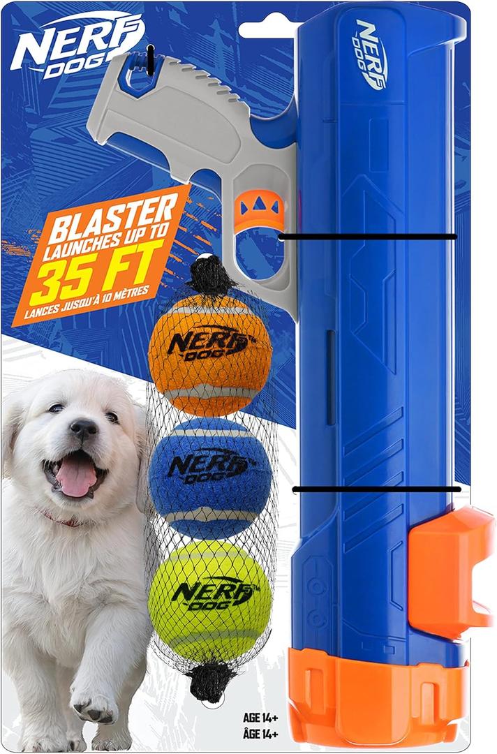 Nerf Dog 12in Blaster w/o Ball Clip 3 2in Squeak Tennis Balls - Opaque Blue/Orange/Gray and Orange and Blue and Green, Small