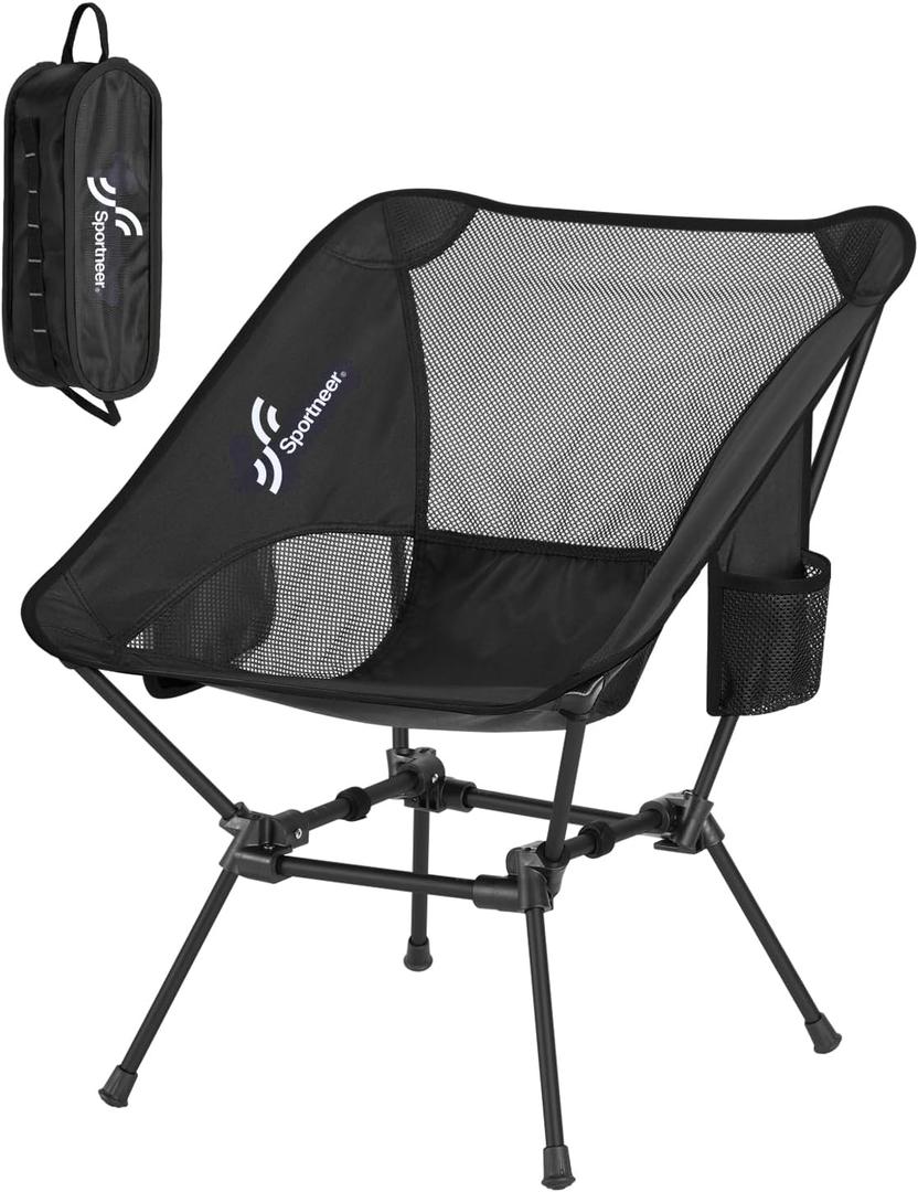 Sportneer Camping Chairs, Lightweight Outdoor Chairs with 2 Side Pockets & Storage Bag, Foldable & Portable Lawn Chairs for Camping Hiking Lawn Picnic Beach Outdoor Travel (1, Black)