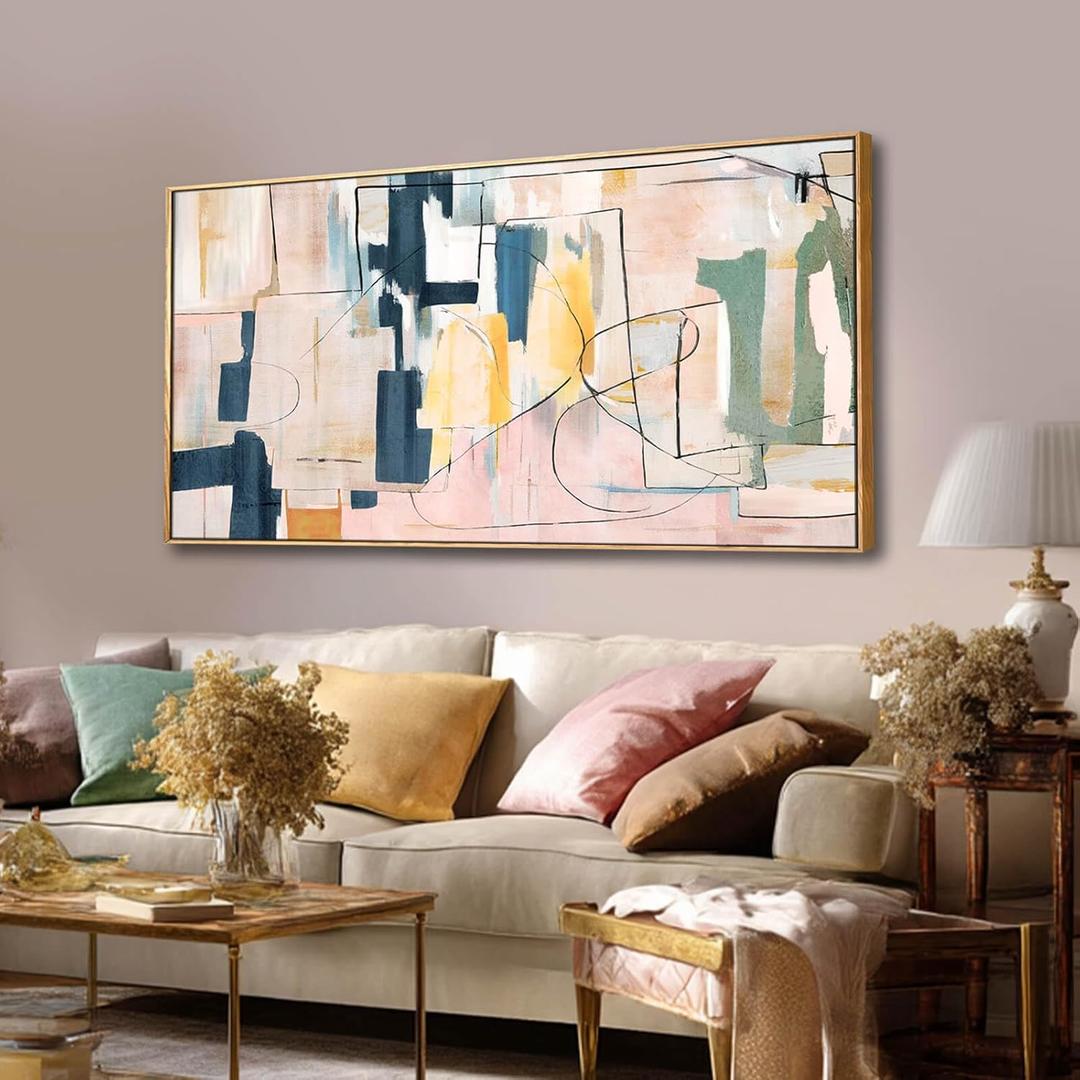 Large Abstract Canvas Wall Art Pink Painting Yellow Bedroom Decor Navy Art Photo Prints Minimalist Pictures Poster Artwork 20"x40"