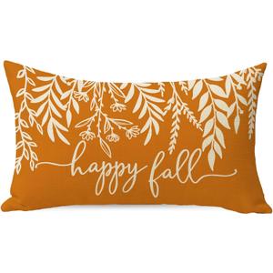Happy Fall Lumbar Decorative Throw Pillow Cover 12 x 20, Autumn Leaves Orange Rectangle Cushion Case Decor, Farmhouse Thanksgiving Home Decoration for Sofa Couch