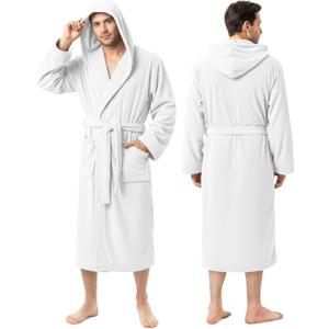NY Threads Mens Robe with Hood, Luxury Plush Fleece Hooded Mens Bathrobe, Spa Bath Robe for Men, L/XL, White