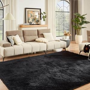 Floralux 9x12 Area Rug for Bedroom, Black, Large Shag Carpets Living Room Rug, Ultra Soft Shaggy Fluffy Carpet for Playroom, Plush Modern Floor Rug for Kids Room