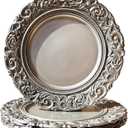 Antique Silver Charger Plates Embossed Rim, 13 Inch Dinner Plate Chargers Round Server Ware. Set of 6 Plastic Charger for Dinner, Wedding, Elegant Tableware Decor, Silver