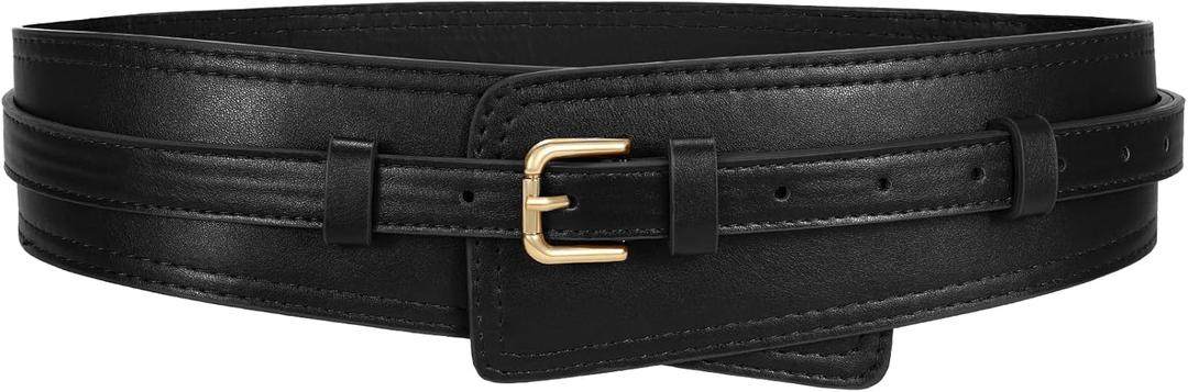 WERFORU Women Wide Waist Belts for Dress Women Fashion Wide Leather Belt 2-in-1 Waistband with Thin Belts for Dress (A-black-gold Buckle)