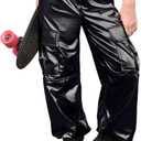 Haloumoning Girls Metallic Cargo Jogger Pants Kids Sparkly Hip Hop Dance Outfits High Waist Pants 5-14 Years (11-12 Years, Black)