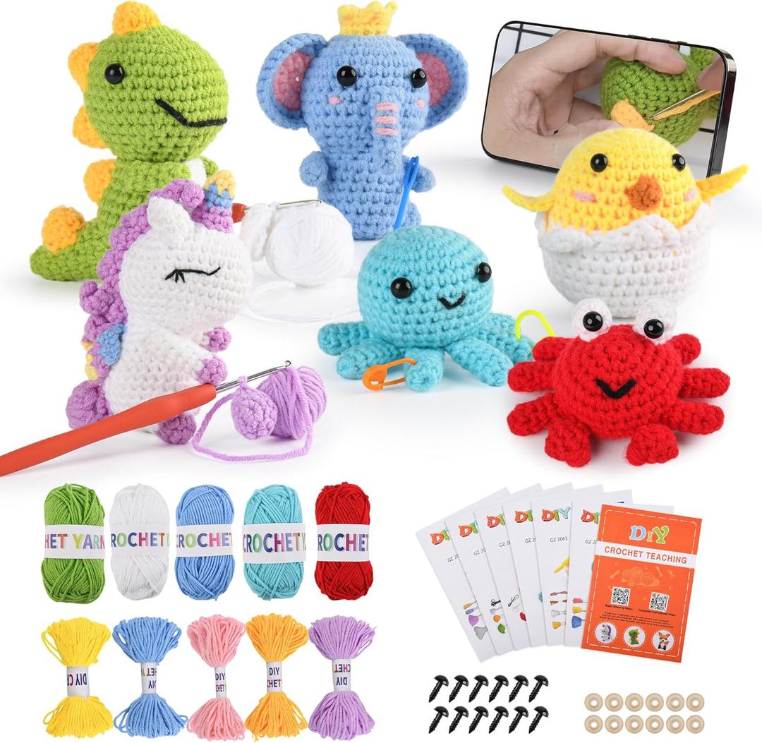 MINGOMINGO Crochet Kit for Beginners Kids - 6 Animal Amigurumi, Mother's Day Birthday Craft Gift Set, Step-by-Step Video Tutorials, 40%+ Yarn, Knitting Starter Kit for Girls Women Adults (Red)