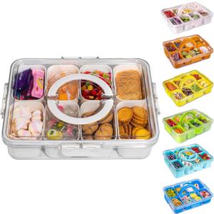 Divided Snack Serving Tray with Lid and Handle travel Snackle Box Charcuterie Container Portable Storage Organizer for Candy, Fruits, Nuts, Snacks, 1Pack, White