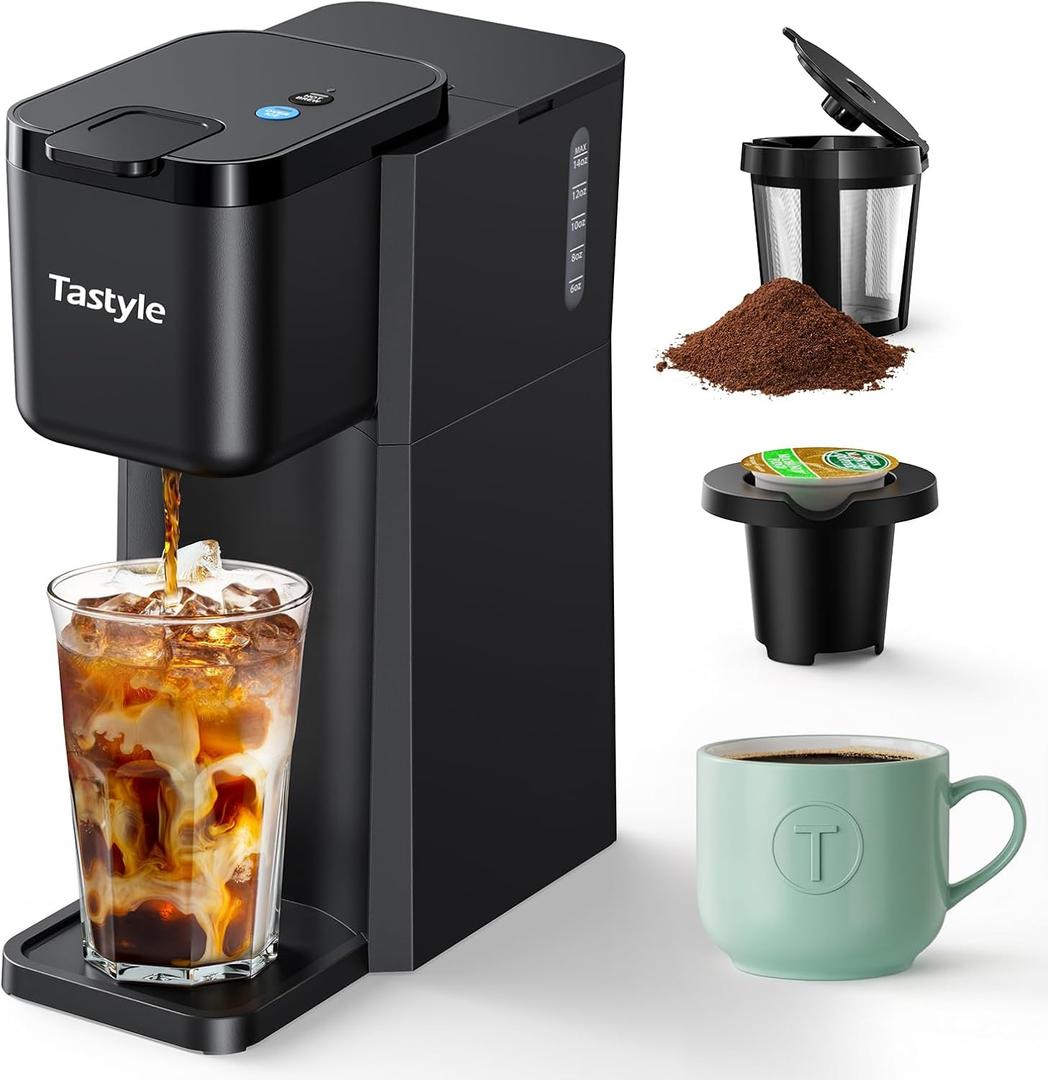 Tastyle Mini Hot and Iced Coffee Maker Single Serve, for K Cup and Ground, 6 to 14 Oz Brew Sizes, with Recipe Book, for Home, Travel, RV, Office and Dorm,Classic Black (2.0 Version)