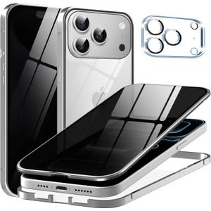 Metal Titanium Privacy Case for iPhone 17 Pro Max, Built-in Privacy Screen Protector & Camera Lens Protector, Magnetic Adsorption Double Sided Tempered Glass Anti Peep Anti Spy Cover for Men Women