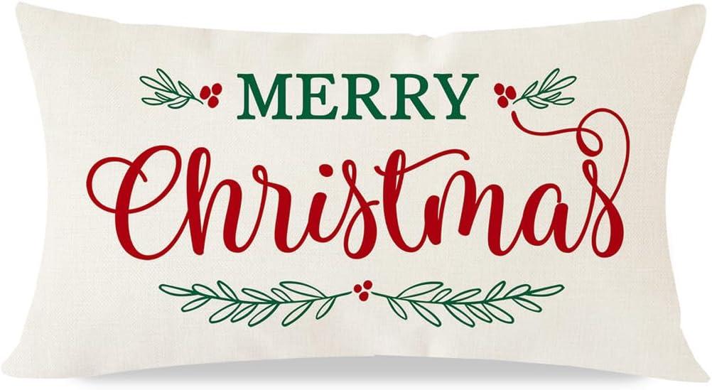 PANDICORN Merry Christmas Pillow Covers 12x20 Inch Farmhouse Christmas Decorations Lumbar Decorative Cushion Case Xmas Winter Holiday Decor for Sofa Couch Living Room (Cream)