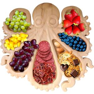 Octopus Charcuterie Board -Ocean Theme Serving Tray for Cheese, Meats & Fruits, Kraken Design Wood Platter Gift for Seafood Lovers (A)