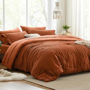Love's cabin Seersucker Terracotta King Size Comforter Set 7 Pieces, All Season Bedding Set, King Bed in a Bag Comforter Set with Comforter, Flat Sheet, Fitted Sheet, Pillowcase and Pillow Sham (King (102"X90"))