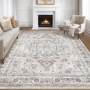 8x10 Area Rugs Living Room: Washable Boho Large Neutral Vintage Soft Rugs Stain Resistant Farmhouse Non Slip Indoor Floor Carpet for Bedroom Nursery Kids Playroom Office Dining Room Home- Ivory Gray