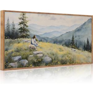Aurlan Christian Jesus with Lost Sheep Wall Art(40"x20"), Boho Religious Lamb The Good Shepherd Psalm 23 Canvas Artwork, Large Abstcat Watercolor Vintage Nature Landscape Bible Story Decor for Home Dining Room Christ Gift
