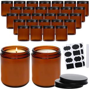 QAPPDA 8oz Amber Candle Jars Set of 30,Round Glass Jars with Black Lids,Empty 250ml Glass Candle Making Jar Bulk Thick Small Food Storage Jar for Spice,Candy,Powder