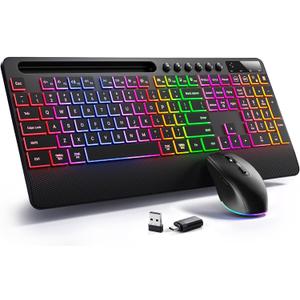 Hamile Wireless Keyboard and Mouse Combo:RGB Backlit Effects,Ergonomic Full Size Silent Keyboard,Wrist Rest,2.4G Rechargeable with Phone Holder Compatible with Windows, Mac,PC,Laptop, Black
