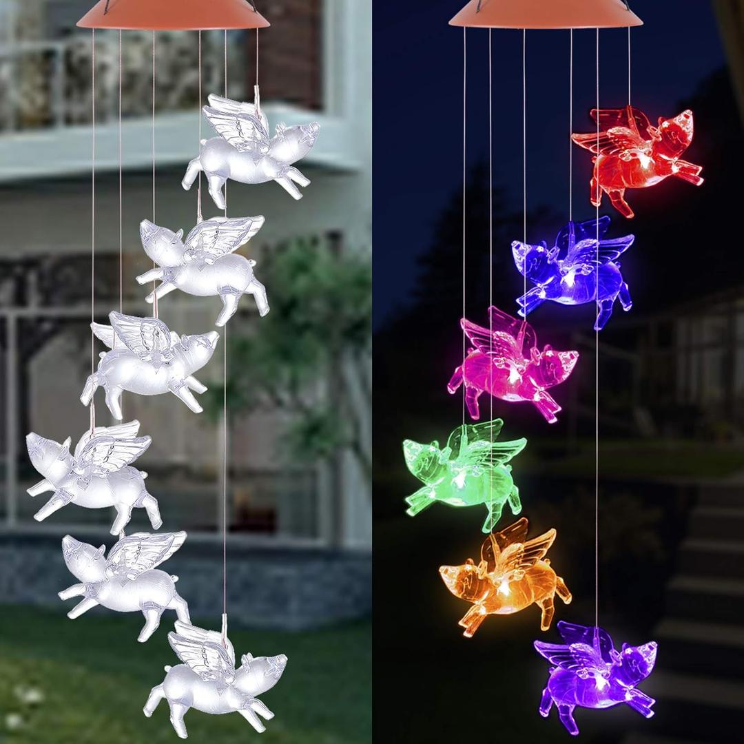 Solar Fly Pigs Wind Chimes, Outdoor Waterproof Mobile Romantic LED Multi Color-Changing Solar Sensor Powered Pig Wind Chimes Lights for Home, Yard, Night Garden, Party, Valentines Gift, Festival Decor