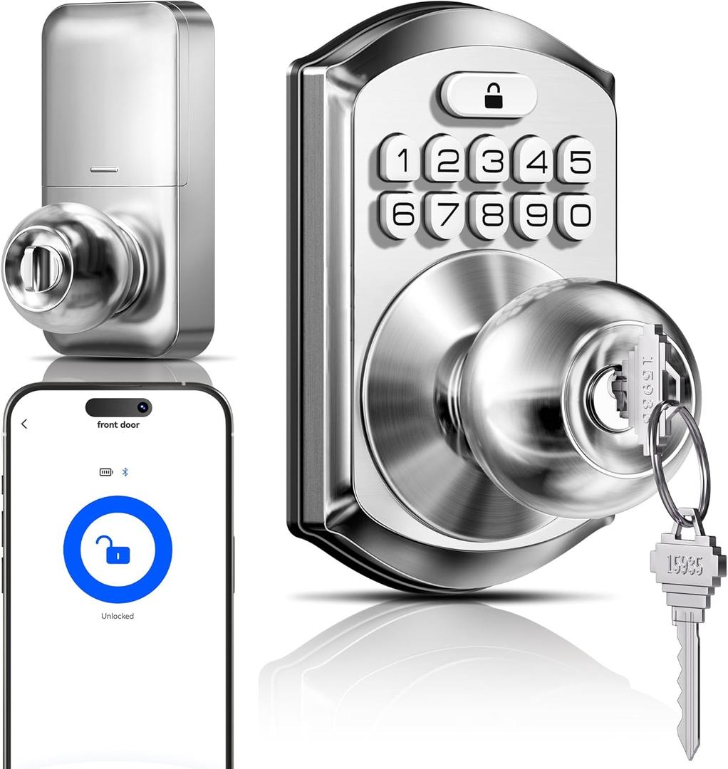 TEEHO TE018 Smart Door Knob with Keypad, App Control, Keyless Entry Digtal Door Lock with Handle, Remote Share One-Time Code, Auto Lock, Easy Installation for Front Door, Bedroom, Rental, Satin Nickel