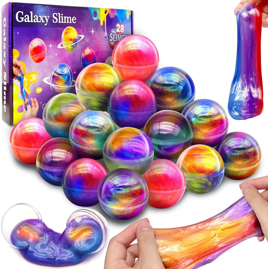 28 Pack Galaxy Slime Eggs Easter Basket Stuffers Easter Eggs Toys for Kids Boys Girls Non-Sticky Stress Relief Fidget Toys Easter Gifts for Classroom Exchange Slime Egg Ball Party Favors