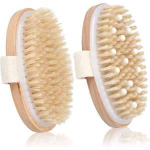 2 Pack Dry Brushing Body Brush, Natural Bristle Exfoliating Brush with Massage Nodes, for Lymphatic Drainage and Improving Skin Health and Reduces Acne