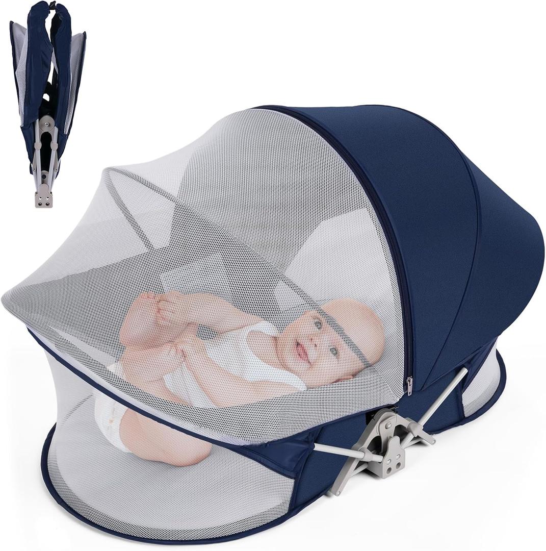 Portable Travel Bassinet for 0-5M Baby, Baby Cribs Travel Pod for Outdoors Baby Lounger,Infant Travel Bed with Mosquito Net and Sunshade Canopy, Lightweight Washable Foldable