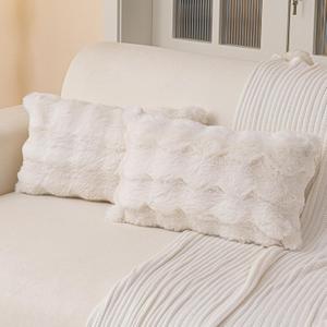 Faux Fur Throw Pillow Covers(Pack of Two, Beige White) 1820 Inch Decorative Pillows Cover Neutral Soft Chenille Couch Pillows with Zipper Aesthetic for Living Room and Bedroom