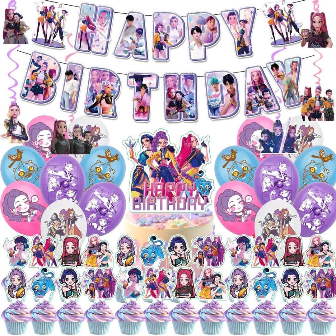 48Pcs Demon Movie Hunters Birthday Party Supplies, Party Decorations Set Include Banner, Balloons, Hanging Swirls, Cake Cupcake Toppers, Tablecloth for Boys Girls Demon Hunters Theme Party