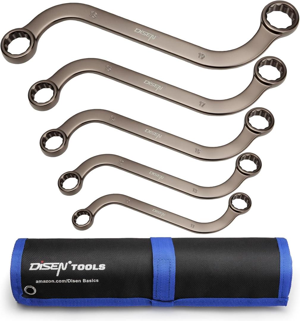 DISEN S-Style Box Wrench Set, Metric, 5-Piece, 10, 11, 12, 13, 14, 15, 16, 17, 18, 19mm, 12 Point, CR-V Steel, Nickel Plating with Organizer Bag