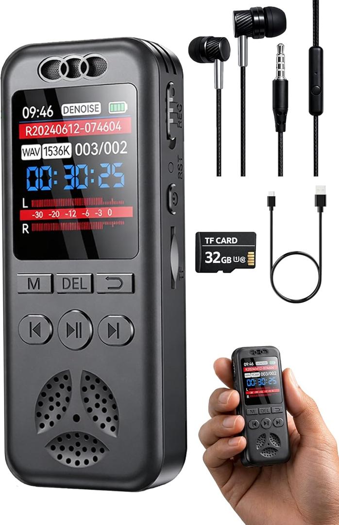 32GB Digital Voice Recorder, Small Voice Activated Recorders with Playback, 1536Kbps Audio, 70dB Noise Reduction, A-B Repeat Recording Device Portable Mini for Lectures, Meetings, Interview etc