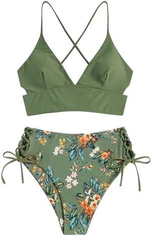 ZAFUL Women Tankini Set, Ribbed High Cut Surplice Swimsuit Bathing Suit with Spaghetti Straps, Green, S