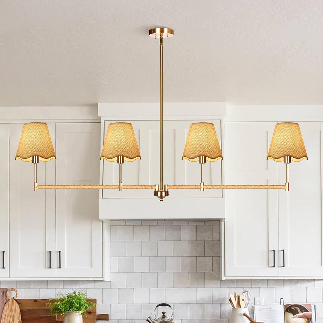 47" Rattan Chandelier Light Fixture, 4-Lights Gold Boho Chandeliers for Dining Room, Rustic Industrial Pendant Light, Large Adjustable Hanging Ceiling Lighting for Kitchen Island Living Room