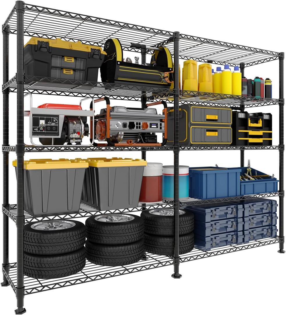 5-Tier Metal Storage Shelves, 60" Wide Wire Shelving Unit, 1325LBS Load Heavy Duty Adjustable Corner Standing Shelf Rack, H/L-Shaped, for Garage. Kitchen, Pantry, Basement,13.8" D x 70.5" H