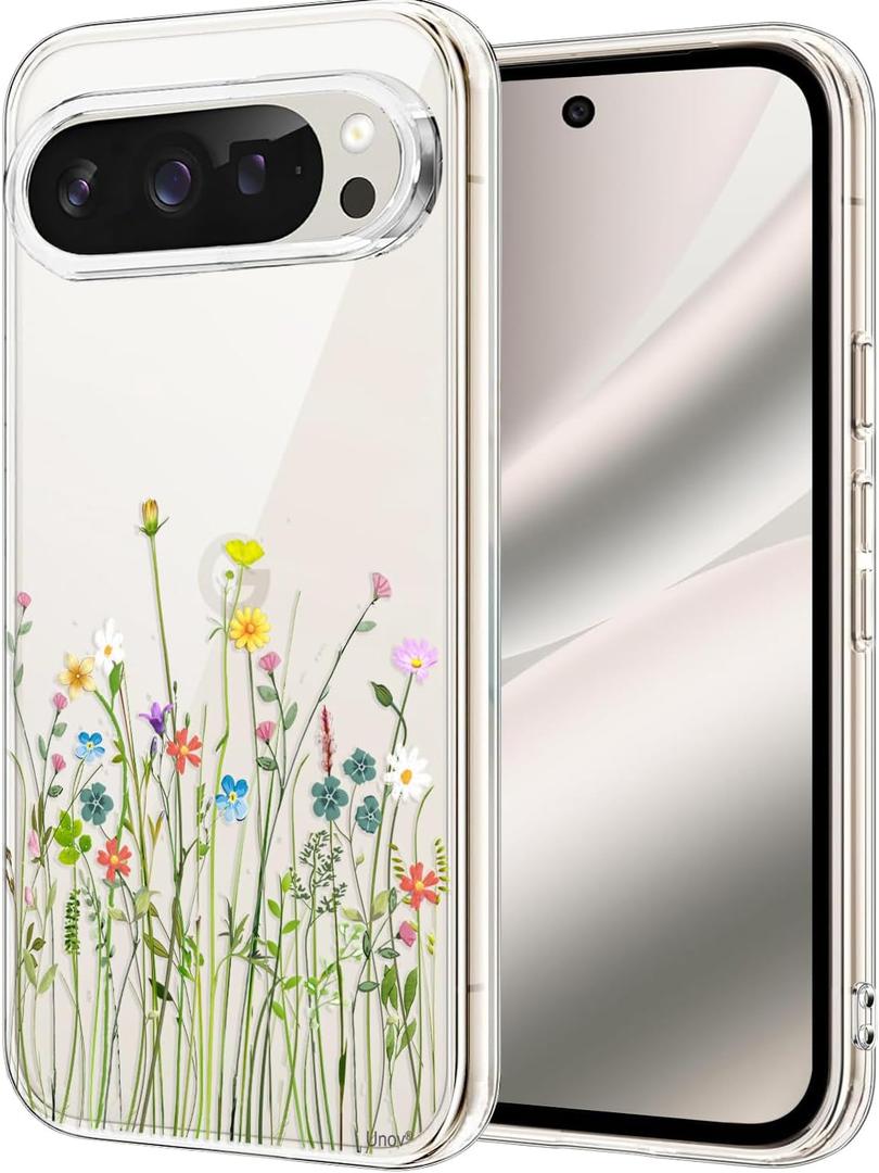 Unov for Pixel 10 Pro XL Case, Clear with Design, Slim Fit Good Grip, Embossed Phone Case, Shockproof Protective Cover, Raised Camera Protection, Soft TPU, Flower Bouquet
