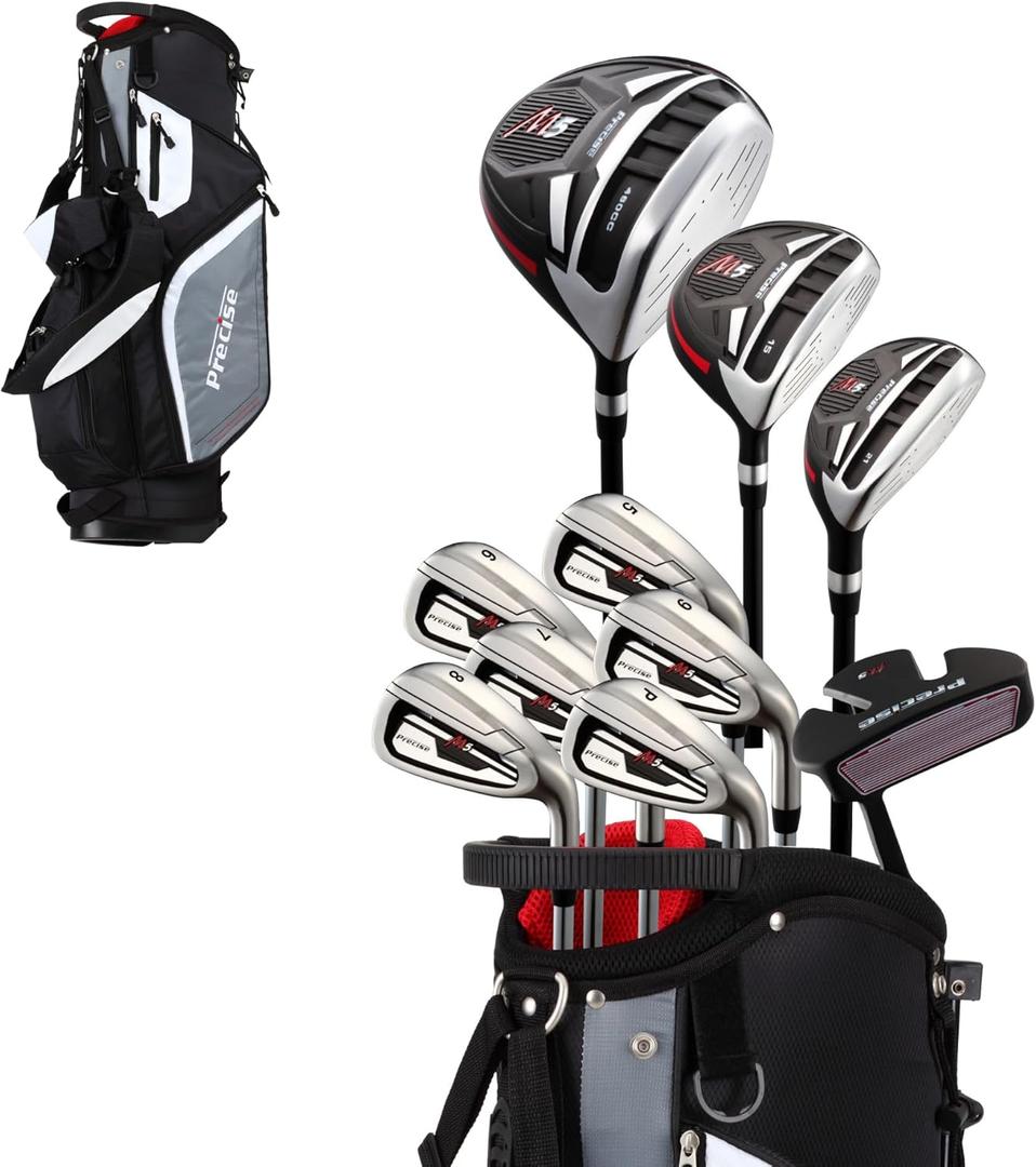 Precise M5 Men's Complete Golf Clubs Package Set Includes Titanium Driver, S.S. Fairway, S.S. Hybrid, S.S. 5-PW Irons, Putter, Stand Bag, 3 H/C's, Left Hand