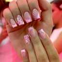 24Pcs Pink French Tip Press on Nails Short Square Fake Nails Spring Cherry Blossoms with Line Design Nude Pink False Nails Stick on Nails Full Cover Artificial Glue on Nails for Women DIY Manicure