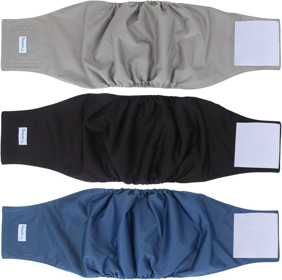 Teamoy 3 Pack Male Dog Diaper Wrap with Gray Lining, Washable Puppy Belly Bands, Super-Absorbent and Comfortable(L2,20-24" Waist) (Black+gray+dark Blue(gray Lining))