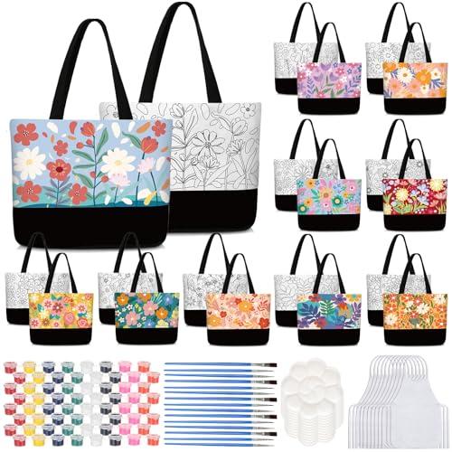 Locmeo 10 Set Pre Drawn Canvas Bags Set Paint and Sip Kit for Adults Painting DIY Tote Bags Making Kit with Paintbrushes, Paints, Apron, Palette for Painting DIY Party Women Adults(Flower)