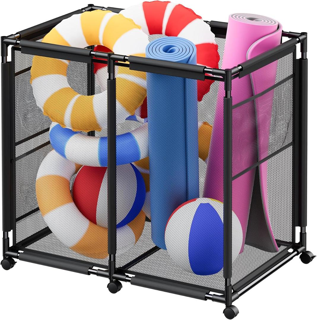 Large Pool Storage Bin, Metal Rolling Float Swimming Equipment Holder Organizer Cart with Mesh, Black L