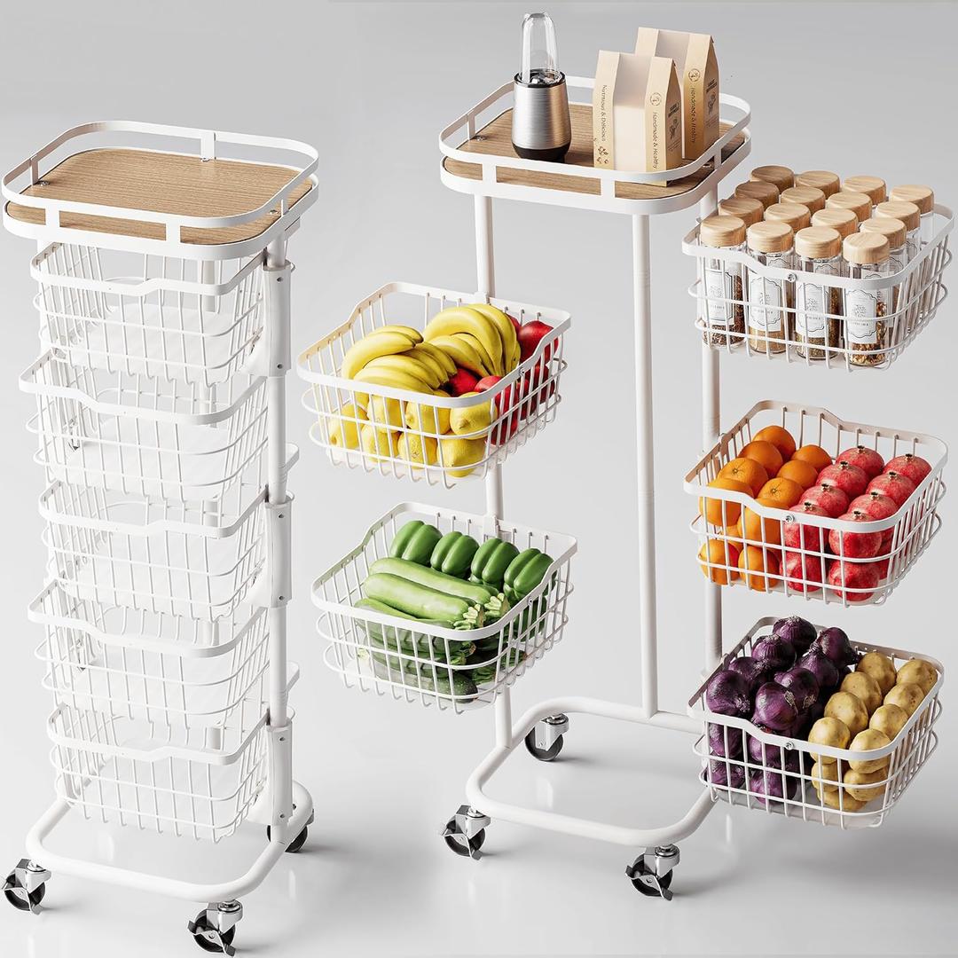 5 Tier Kitchen Fruit Vegetable Storage Cart with Rotating Basket, Rolling Rack Shelf Organizer Floor Stand on Wheel for Snack Spice Produce Veggie Onion Potato Bin, Vianderos Para Cocina, White