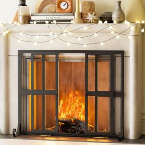 Fireplace Screen with Sliding Doors, 37.8" W x 30.7" H Handcrafted Wrought Iron Fire Spark Guard Fire Place Gate Protector for Living Room, Children and Pet Safety(Large)