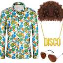 Shihanee 4 Pcs Mardi Gras Men 60s 70s Disco Costume Hippie Outfit Floral Shirt Wig Sunglass Gold Necklace for Cosplay Party (S)