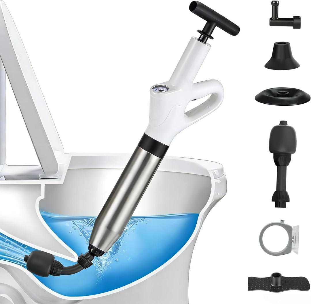 Toilet Plunger, High Pressure Drain Unclogger Plungers with Pressure Gauge, toilet auger Air Drain Blaster, Versatile Heavy Duty Clog Remover for Bathroom, Kitchen, Floor Drain (White)
