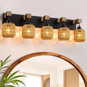 LmnLvn 36" Boho Bathroom Light Fixture, 5-Light Farmhouse Vanity Light, Rattan Bathroom Light Fixture Over Mirror Rustic Vanity Lighting with Handwoven Shades, Suit for Restroom, Bedroom, Hallway