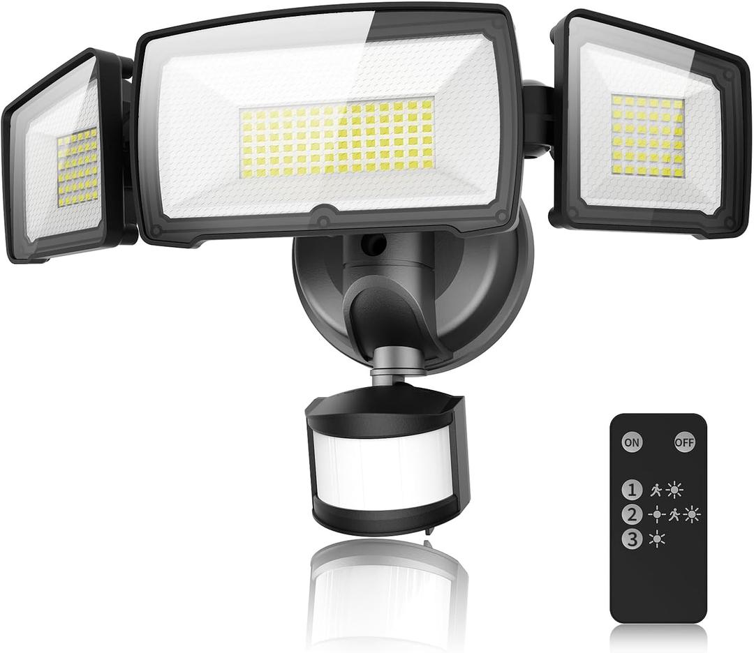 100W LED Security Lights, 11000LM Hardwired Flood Lights with Remote Control, Motion Sensor Outdoor Lights, 3 Adjustable Heads, IP66 Waterproof, Dusk to Dawn Outdoor Lighting for Yard Garage
