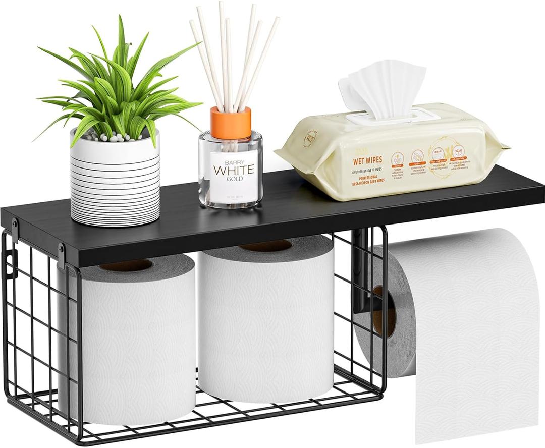 VITVITI Toilet Paper Holder with Shelf, Wall Mounted Toilet Paper Storage Basket, Wood Metal Toilet Roll and Wipes Holder for Bathroom Farmhouse (Black)