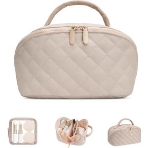 Makeup Bag, Quilted Makeup Bag, Puffy Travel Make up Bags, Cosmetic Organizer Bag, Waterproof Toiletry Bag for Women (Khaki)