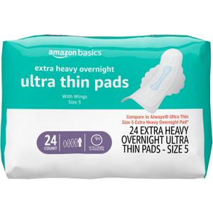 Amazon Basics Ultra Thin Pads with Flexi-Wings for Periods, Extra Heavy Overnight Absorbency, Unscented, Size 5, 24 Count, 4 Pack (Previously Solimo)