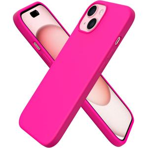ORNARTO Compatible with iPhone 15 Case 6.1, Slim Liquid Silicone 3 Layers Full Covered Soft Gel Rubber Phone Case, Anti-Scratch Shockproof Protective Cover 6.1 Inch, Hot Pink