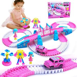 Race Tracks for Kids Ages 4-8, 203 PCS Pink Magic Tracks Electric Toys, Flexible Car Track Set Girls Toys Birthday Gifts for 2 3 4 5 6 Year Old Girls and Toddlers