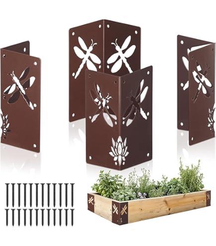 4Pcs Raised Garden Bed Corner Brackets with Cute Animal Engravings, 8"×4"×4", Ultra-Adaptive Cor-Ten Steel, Vibrant Color Changes, Fits 12"-24" Garden Beds, Stackable for Height